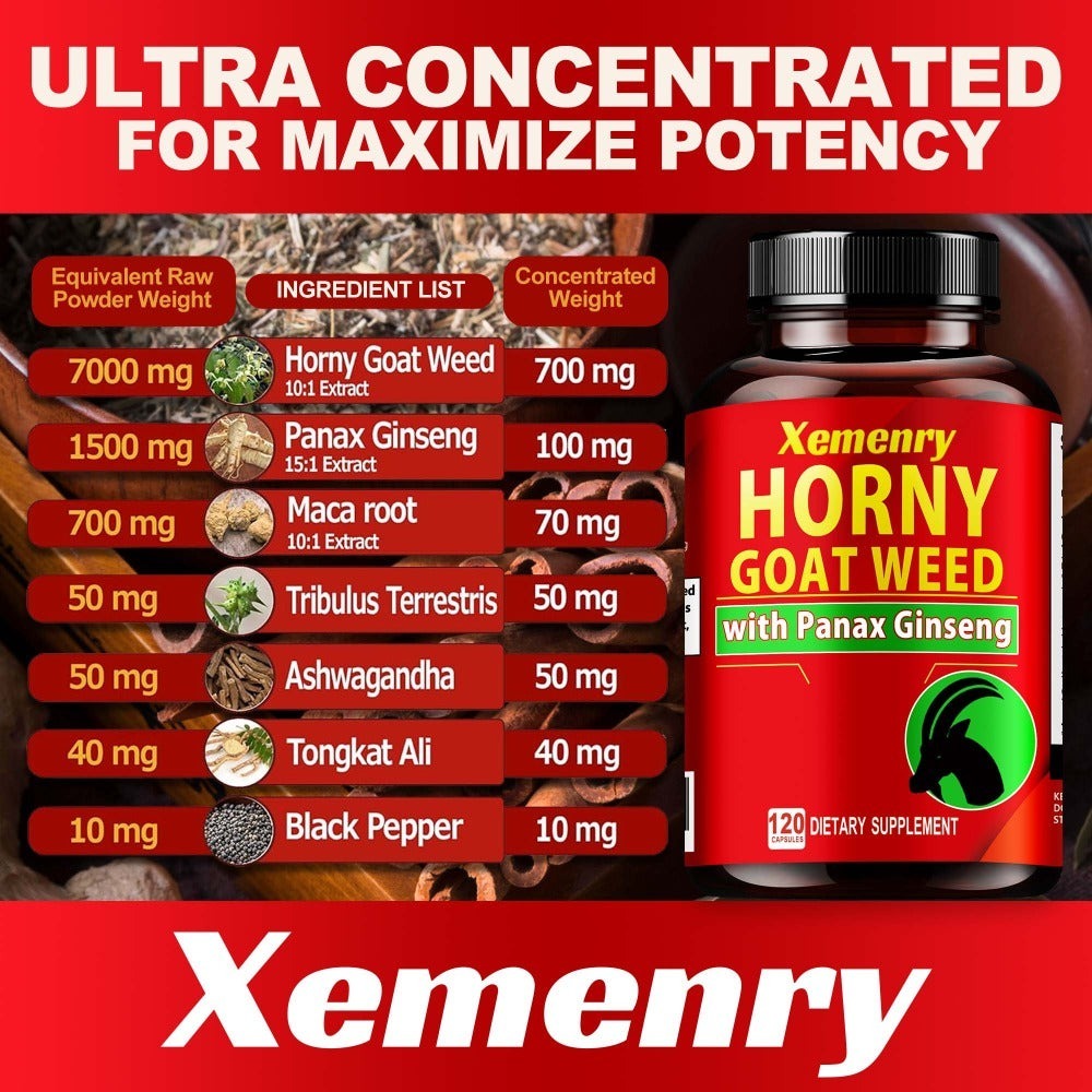 Horny Goat Weed Premium Blended Formula - Replenish Energy, Support Male Vitality & Stamina - 120 Capsules Men's Herbal Supplement