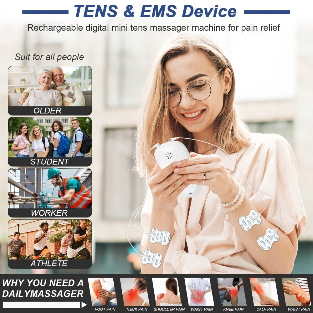 TENS EMS Dual Channel Muscle Stimulator Massager – 8 Electrodes for Back, Shoulder & Knee Pain Relief, Muscle Recovery, Portable Electric Pulse Therapy Device