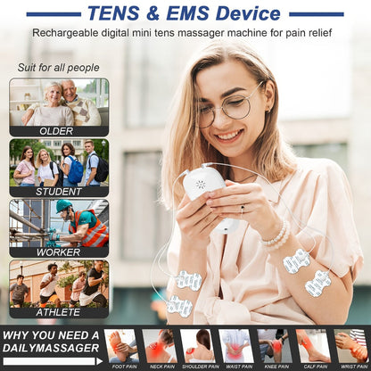 TENS EMS Dual Channel Muscle Stimulator Massager – 8 Electrodes for Back, Shoulder & Knee Pain Relief, Muscle Recovery, Portable Electric Pulse Therapy Device