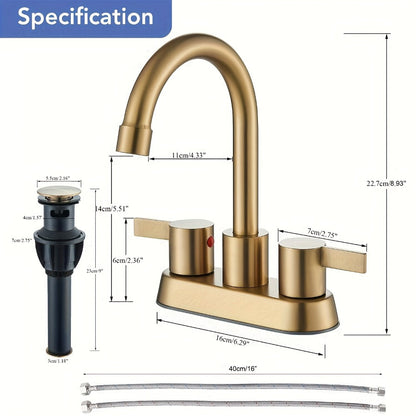 Bathroom Faucet 4-Inch 2-Handle Centerset – 360° Swivel Spout, Pop-Up Drain & Supply Lines Included, 2-3 Hole Vanity Sink Faucet for RV & Home, Brushed Gold, Matte Black, Nickel & Chrome