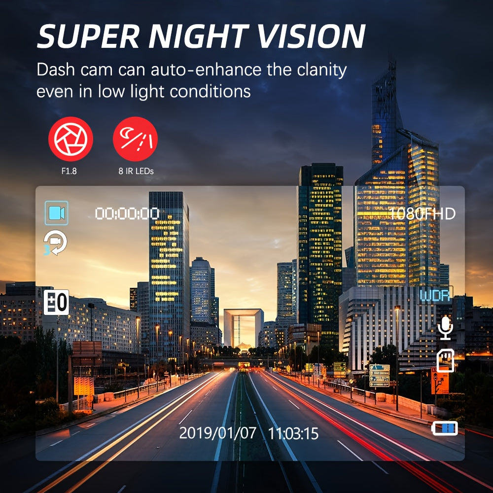 1080P Dash Cam with 3 Cameras Front Built-In Rear Infrared Night Vision 170° Wide-Angle Built-In Audio 32GB Card Connection to Smartphone Loop Recording G-Sensor 24 Parking Monitor