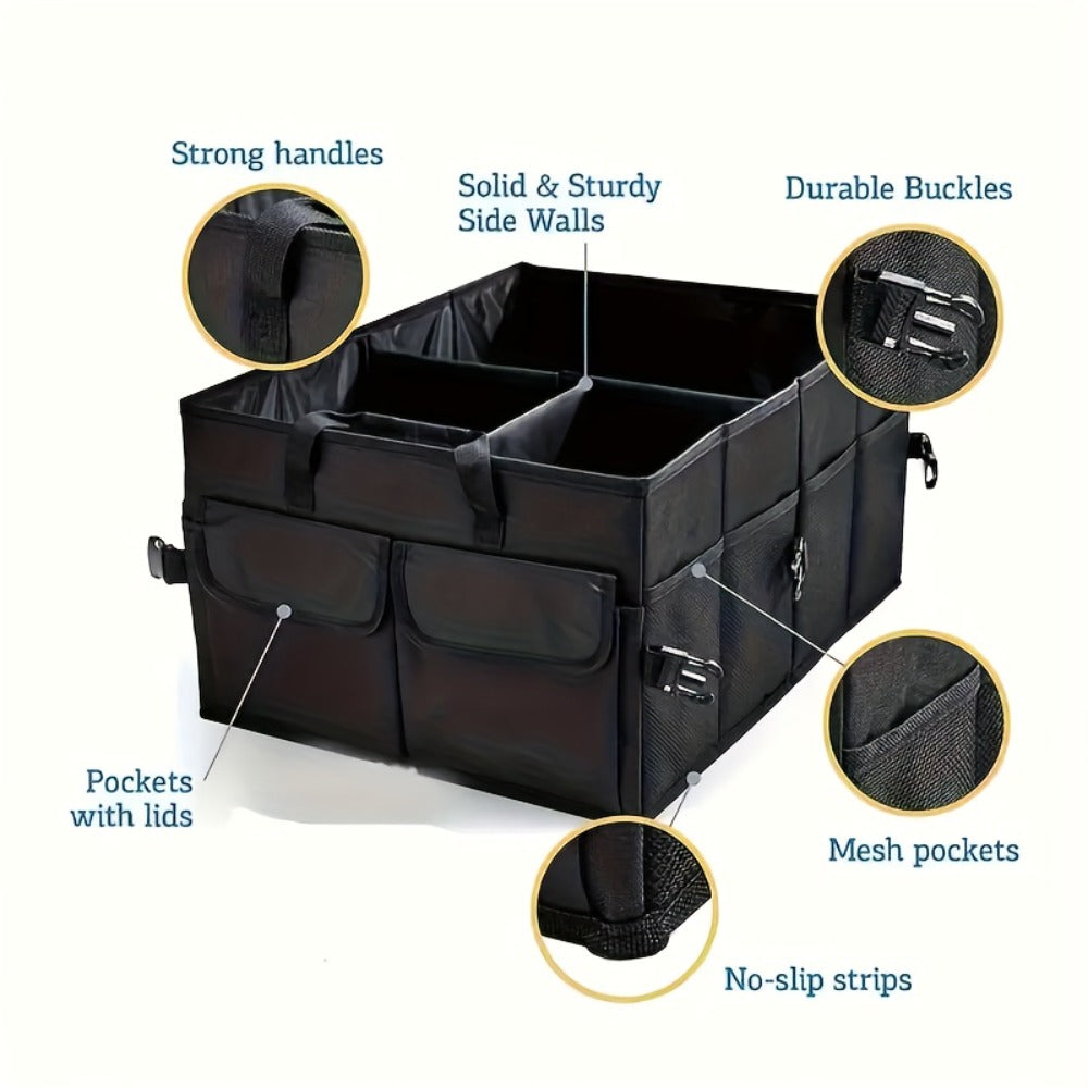 Foldable Car Trunk Organizer - Large Capacity Multi-Compartment Storage Box for Cars, Trucks & SUVs, Ultra-Durable Collapsible Cargo Storage, Black