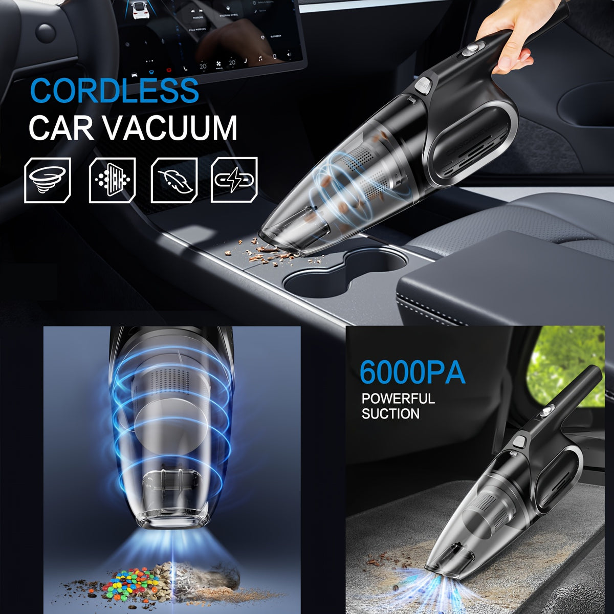 Portable Household Vacuum Cleaner, With 6000PA Powerful Suction Force, Low Noise, Dual Filtration. Household Vacuum Cleaner, Mini Vacuum Cleaner, Suitable For Cleaning Inside Cars, Pet Hair, Kitchens, Home Cleaning Supplies, Ladies' Car Accessories.