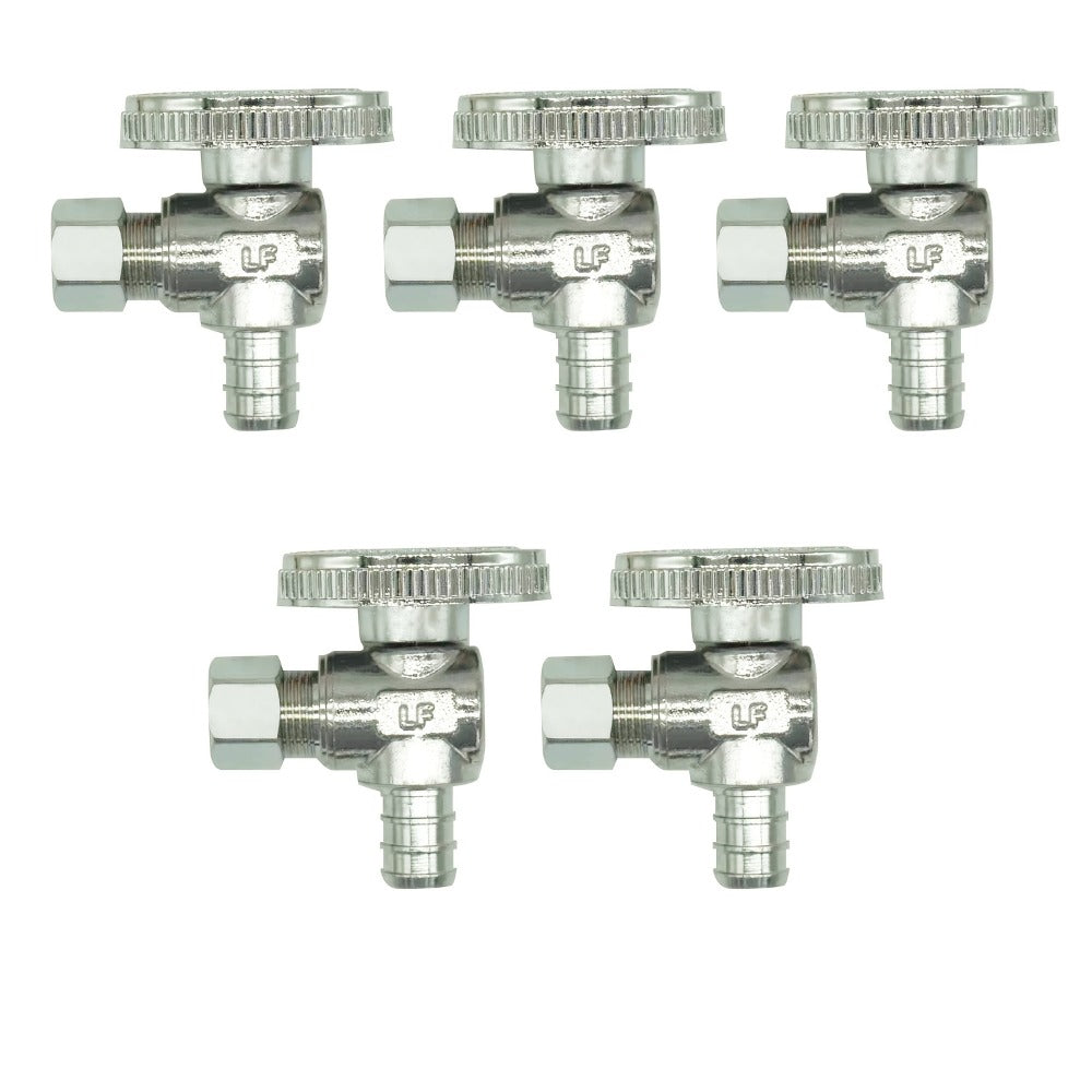 PEX Angle Stop Valve 5pcs - 1/2" PEX x 3/8" OD Compression, 1/4 Turn Shut-Off Valve, Lead-Free Chrome Brass, ASTM F1807 NSF/ANSI 61 Certified, for Bathroom Toilet Sink Plumbing
