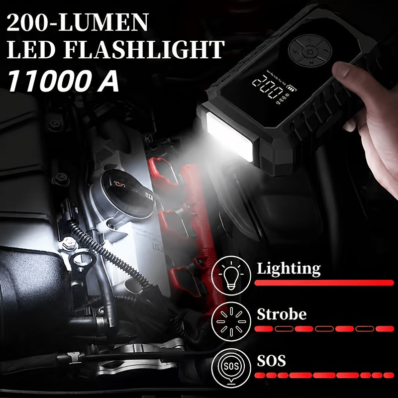 6000A/11000A Peak Jump Starter with Digital Tire Inflator Air Compressor, Multi-Function Car Jump Box Equipped with Smart Anti-Burn Battery Clips & LED Flashlight, Portable Emergency Power Bank for Car, RV, Motorcycle Vehicle Roadside Tools, Giftable