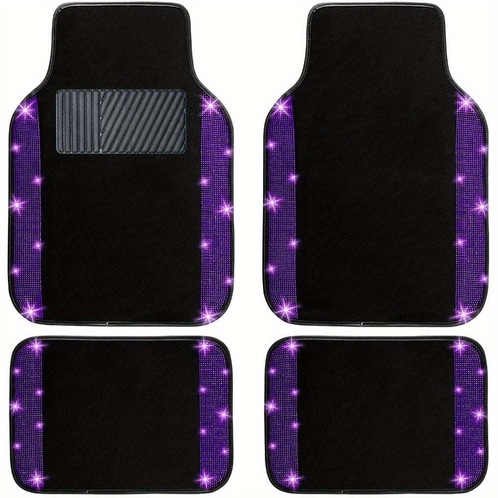 Bling Car Floor Mats Full Set – Rhinestone Sparkle Glitter Diamond Carpet, Universal Fit Cars SUV Trucks, 4pcs Anti-Slip Pad, Cute Car Accessories for Women & Girls