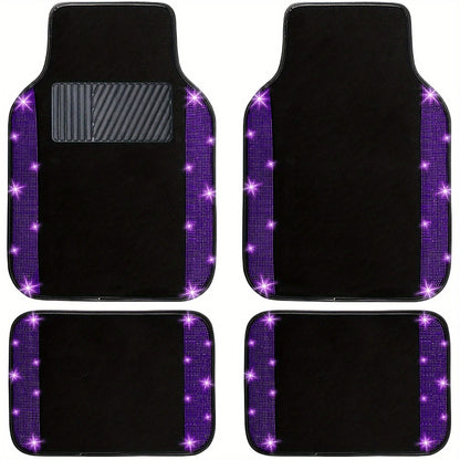 Bling Car Floor Mats Full Set – Rhinestone Sparkle Glitter Diamond Carpet, Universal Fit Cars SUV Trucks, 4pcs Anti-Slip Pad, Cute Car Accessories for Women & Girls