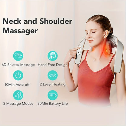 Neck Massager with Heat – 6D Shiatsu Cordless Deep Kneading Electric Massager for Neck, Shoulder, Back & Waist | 9 Modes, Hot Compress 40-45°C, 2200mAh Battery | Portable for Home, Office & Car