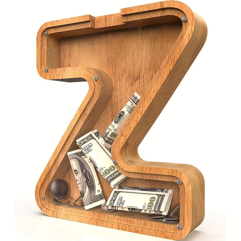 Wooden Letter Penny Bank – Alphabet Coin Bank Savings Box for Kids & Adults, Personalized Money Bank Birthday Gift, A to Z Initial Letter Bank