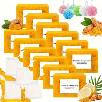 Kojic Acid Soap Set with Turmeric & Lemon – Handmade Cold-Processed Brightening Bars for Face & Body, Deep Cleansing & Hydrating, All Skin Types, Includes Foaming Net & Bath Tools
