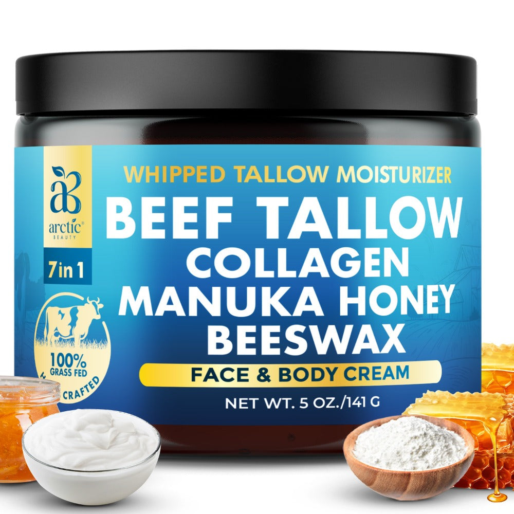 Whipped Beef Tallow Moisturizer - Organic Grass-Fed Face & Body Cream with Manuka Honey, Jojoba Oil, Collagen & Aloe Vera, All-in-One Natural Skincare for All Skin Types
