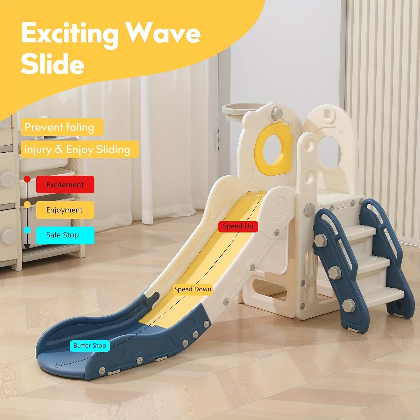5-in-1 Toddler Slide with Basketball Hoop L-Shaped Freestanding Kids Indoor Outdoor Slide for Toddlers Ages 1-3 Boys Girls Birthday Playground Toy