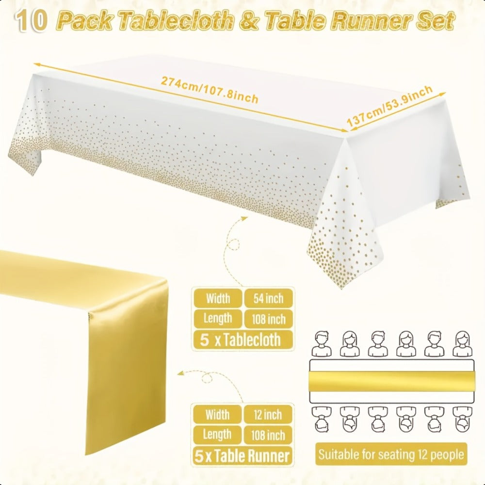 Disposable Tablecloth & Table Runner Set 10 Pack White Gold – Plastic Party Table Covers for Wedding Birthday Graduation Anniversary Baby Shower Bridal Shower Elegant Bulk Party Decorations