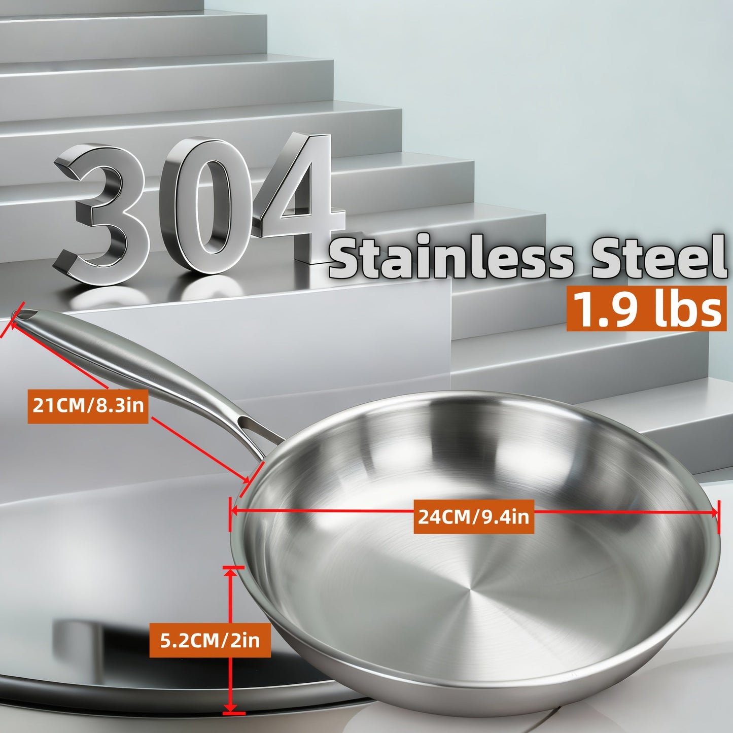 304 Stainless Steel Frying Pan Skillet - 3-Ply Base Even Heat Distribution, Induction & Gas Compatible, Rivet-Free Interior, Healthy Non-Toxic Cooking Cookware for Home Kitchen