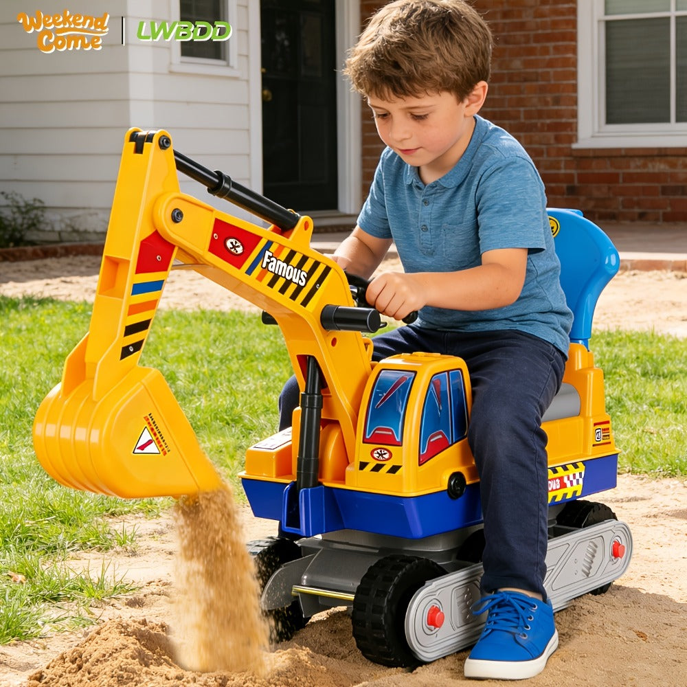 Ride-On Excavator Toy for Kids with Manual Digging Arm – Sit-In Construction Vehicle Scooter for Boys Girls Ages 3+ Outdoor Sandbox Digger Birthday Gift Supports up to 52.7 lbs
