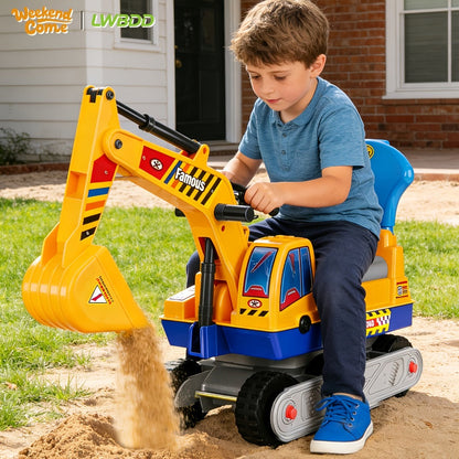 Ride-On Excavator Toy for Kids with Manual Digging Arm – Sit-In Construction Vehicle Scooter for Boys Girls Ages 3+ Outdoor Sandbox Digger Birthday Gift Supports up to 52.7 lbs