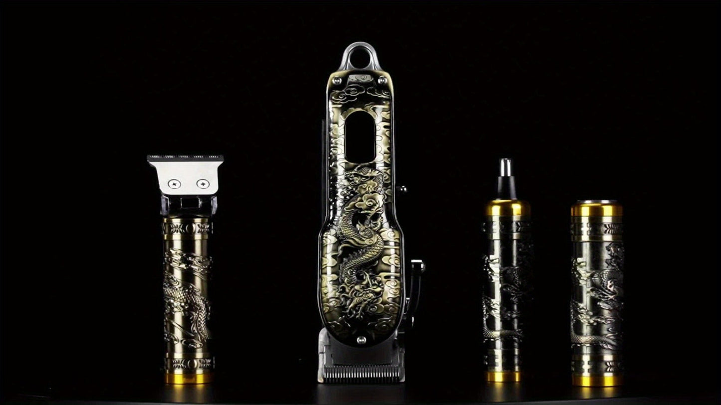 4-in-1 Men's Grooming Kit - Dragon Engraved Hair Clipper, T-Blade Trimmer, Nose Groomer & Shaver, 6000 RPM Motor, USB Rechargeable, LED Battery Display, Perfect Gift for Men