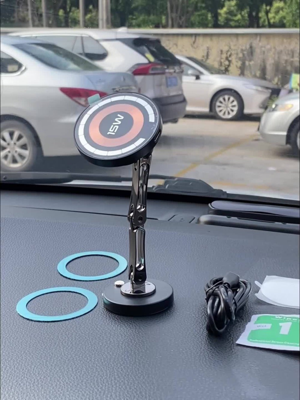Magnetic Car Phone Mount 15W Wireless Charging – 360° Rotation, Foldable Stand, Super Magnetic Grip, Universal Fit for iPhone 12+ & Android Smartphones, No Battery Required