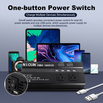 6600W Peak Pure Sine Wave Power Inverter 12V/24V DC to 110V AC – LCD Display, 4 USB Ports, US Outlets, 95% Efficiency for Car, Truck, RV & Solar