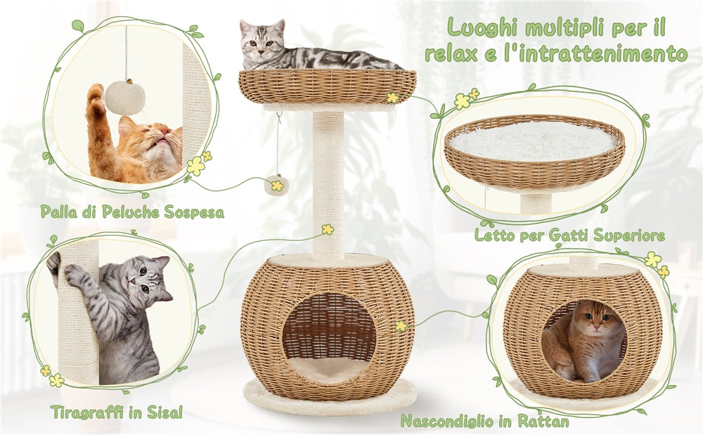 Cat Tree 29.5 Inch Rattan Cat House with Natural Sisal Scratching Post – Woven Cat Condo, Soft Cushion Perch, Hanging Bell Toy, Luxury Cat Furniture for Small to Medium Cats, Beige