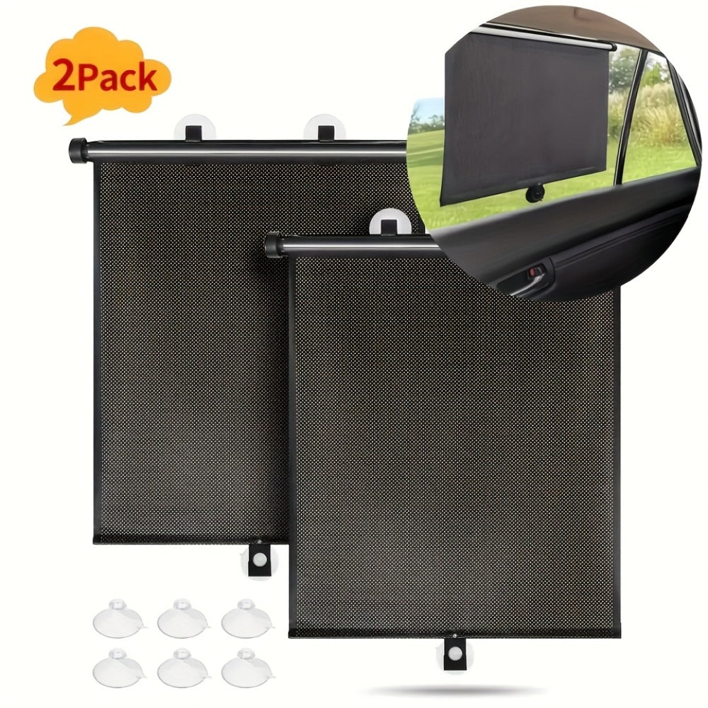 Car Window Curtains 2pcs Retractable PVC Side Window Shades One-Click Storage UV Block Anti-Glare Heat Shield Easy Install Suction Cup Hook Black Car Interior Accessory