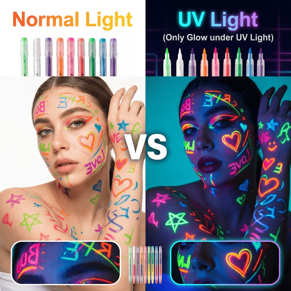 Face Body Paint Pens 18 Colors with Reusable Stencils – Washable Neon Glow in the Dark Skin-Safe Makeup Pens for Kids & Adults Parties Events Magic Shows Halloween Festivals Body Art