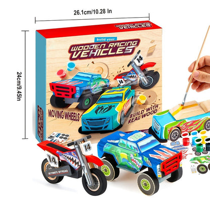 Build and Paint Wooden Vehicle Kit for Kids 144 Pieces – Race Car Motorcycle Monster Truck, 12 Colors 3 Brushes Racing Decals, STEM Craft Gift for Boys Ages 6 7 8 9 10
