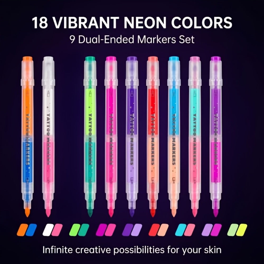 Face Body Paint Pens 18 Colors with Reusable Stencils – Washable Neon Glow in the Dark Skin-Safe Makeup Pens for Kids & Adults Parties Events Magic Shows Halloween Festivals Body Art
