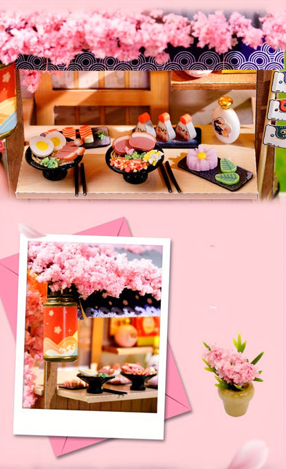 DIY Miniature Shop Dollhouse Kit with Dust Cover – Wooden Mini Store Assembly Set, 4 Themes Sakura Noodles Candy Atelier Coffee, Creative Home Decor Display Gift for Adults & Teens Birthday Christmas