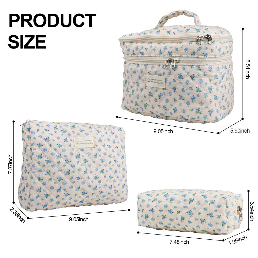 Quilted Floral Makeup Bag Set 3PCS Large Capacity Dual Layer Cotton Cosmetic Bags Coquette Aesthetic Travel Toiletry Organizer Gift for Women Girls Blue Rose Pink