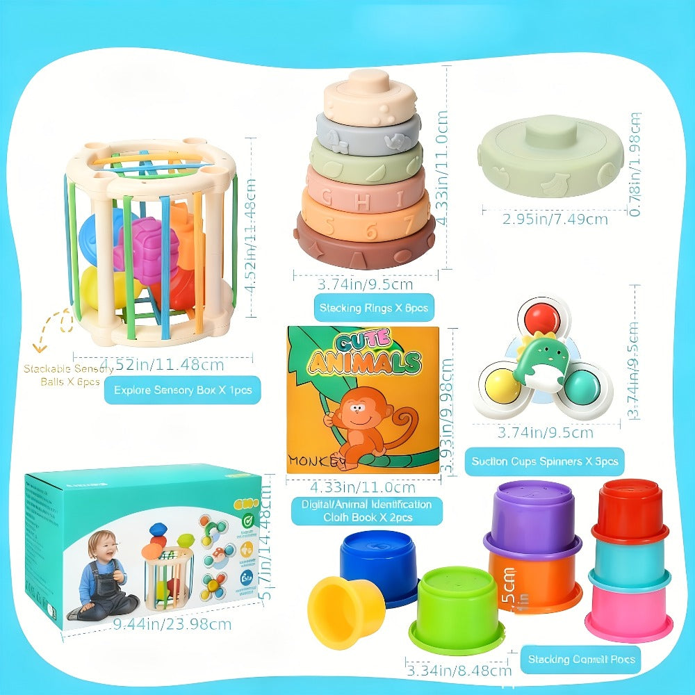Sensory Stacking Toy Set 3-in-1 for Toddlers & Babies – Hand-Eye Coordination & Fine Motor Skills Activity Kit with Soft Cloth Book, Spinning Top & Stacking Cups, Birthday Easter Baby Shower Gift