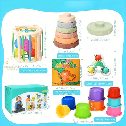 Sensory Stacking Toy Set 3-in-1 for Toddlers & Babies – Hand-Eye Coordination & Fine Motor Skills Activity Kit with Soft Cloth Book, Spinning Top & Stacking Cups, Birthday Easter Baby Shower Gift