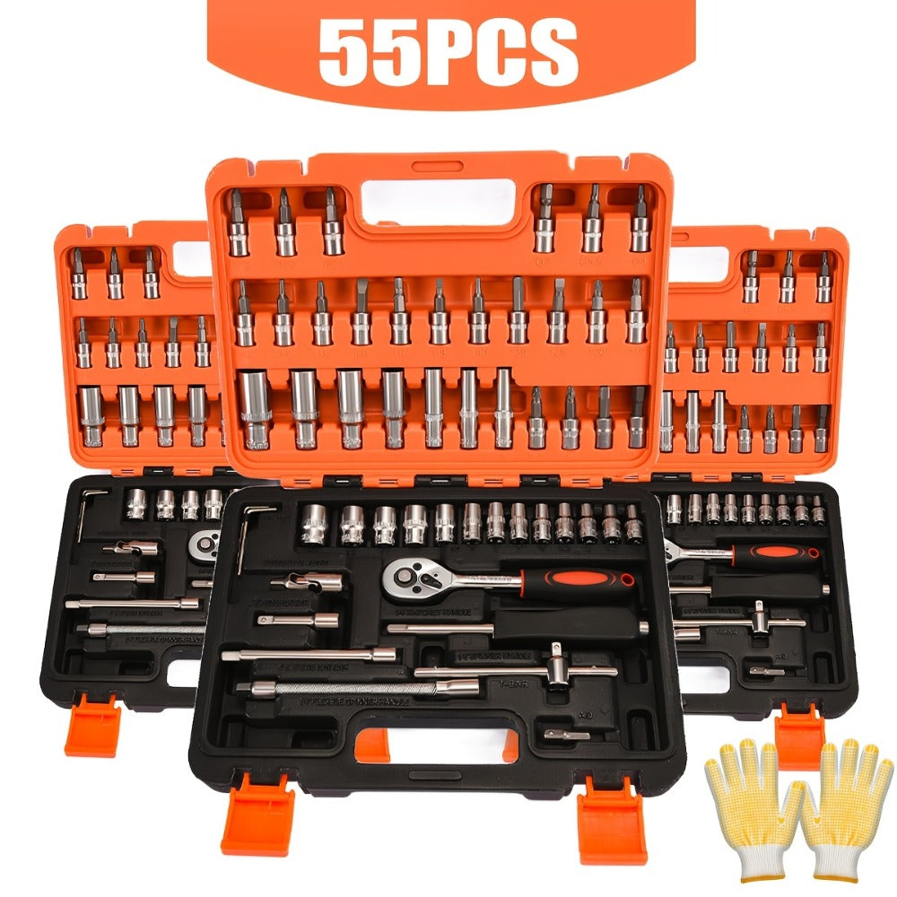 Professional Automotive Tool Set 55 / 63 / 96-Piece – Ratchet Socket Wrench Kit for Car & Bicycle Maintenance | High-End Mechanic Hand Tools with Storage Case