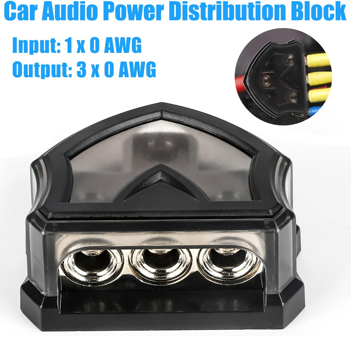 3 Ways Power Distribution Block, 1 X 0 Gauge Input to 3 X 0 Gauge Output Ground Distribution Connecting Block with Cover, Without Battery