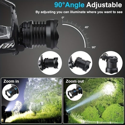 LED Headlamp 1700LM XHP-70 Aluminum Alloy with 6000mAh Rechargeable Battery – 3 Modes Adjustable Spotlight Floodlight Head Lamp for Camping Hiking Hunting Fishing Outdoor Adventure