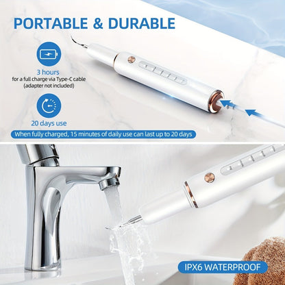 Ultrasonic Tartar Remover Electric Tooth Cleaner 5-Speed IPX6 Waterproof USB Rechargeable Dental Scaler with LED Light Mirror 2 Tips Plaque Stain Removal Tool for Home Oral Care Adults