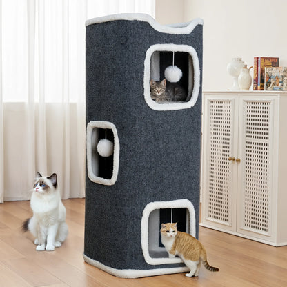 Cat Tree Tower Multi-Level Foldable Cat Condo for Indoor Cats - Scratch-Resistant Carpet, Hanging Bell Ball, Cozy Top Bed, Sturdy Frame Cat House with Multiple Entrances, 1 3 4 Tier Options for Kittens & Adults