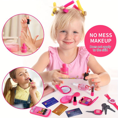 Pink Princess Play Purse Set for Girls – Pretend Makeup Handbag with Phone, Lipstick, Keys & Crossbody Bag, Safe No-Mess Toy, Birthday Christmas Gift for Girls Ages 3+