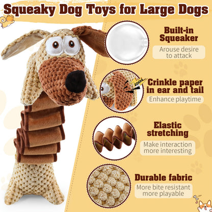 Squeaky Plush Dog Toy 15.7 Inch Stretchable to 19.7 Inch Crinkle Paper Filled Tug Chew Fetch Toy for Large Medium Small Dogs No Battery Required