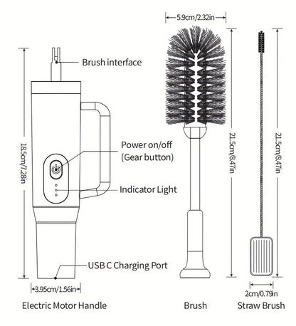 Electric Cup Scrubber Bottle Brush Cleaner – 2-Speed IPX6 Waterproof, Type-C Rechargeable, Deep Cleans 40oz Mugs, Tumblers & Hydration Bottles, Long Straw Brush Included, Wall Mount Storage, Kitchen Cleaning Tool
