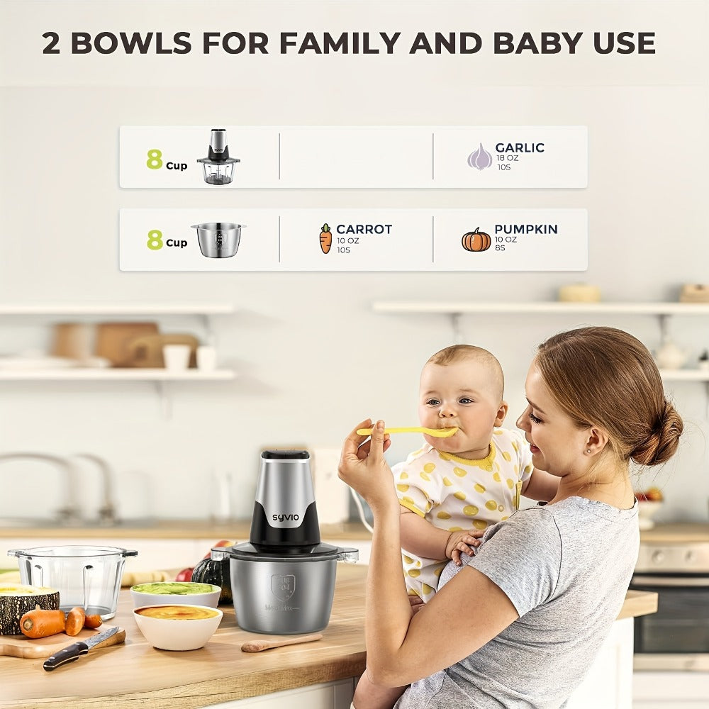 Mini Food Processor 450W with 2 Bowls – Electric Food Chopper, 4 Bi-Level Blades, Meat Grinder for Baby Food, Meat, Onion & Vegetables, 2 Speed
