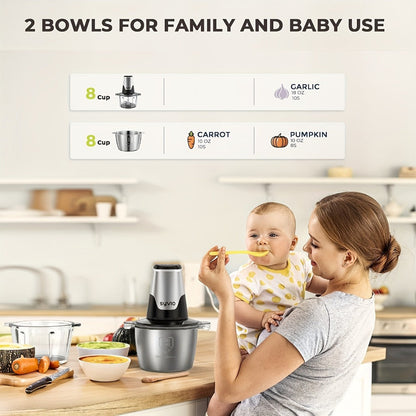 Mini Food Processor 450W with 2 Bowls – Electric Food Chopper, 4 Bi-Level Blades, Meat Grinder for Baby Food, Meat, Onion & Vegetables, 2 Speed