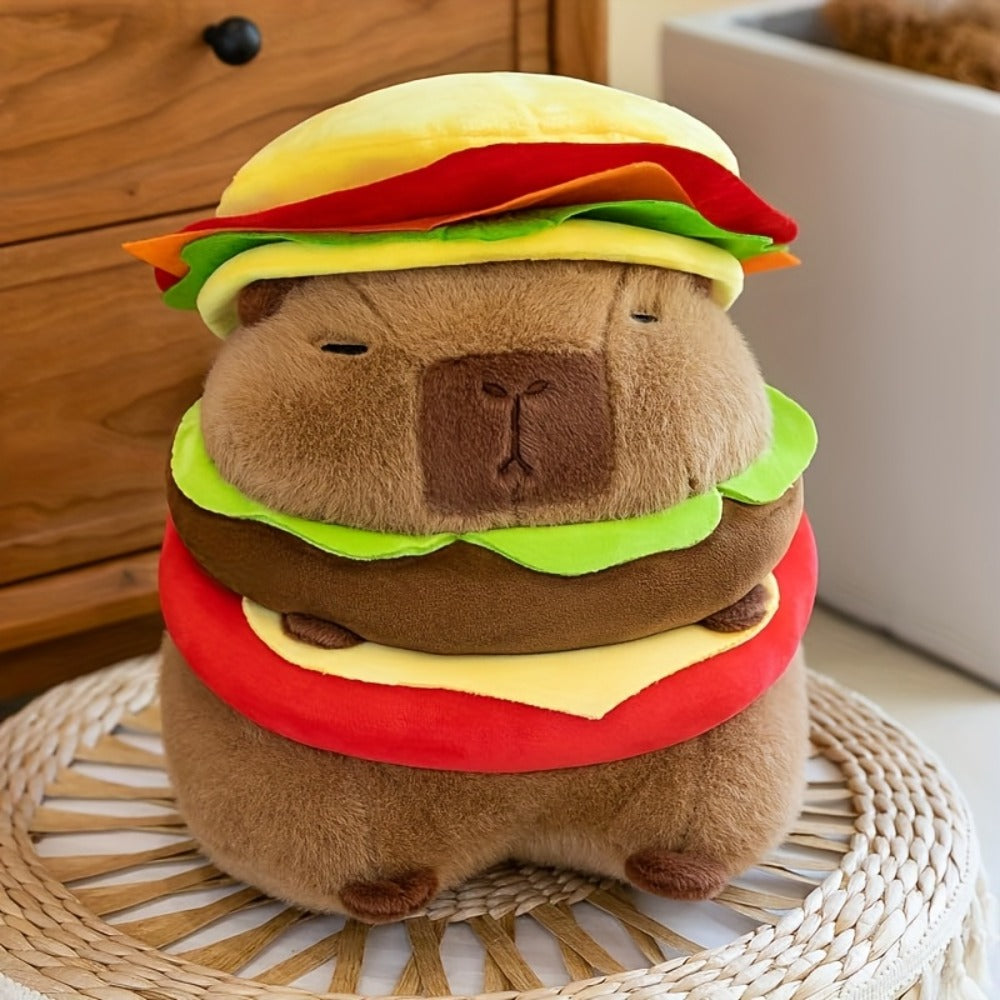 Capybara Plush Stuffed Animal Hamburger Burger Hat Funny Kawaii Soft Plush Toy Couch Pillow Doll Unique Meme Gift for Kids Teens Adults Birthday Christmas Holiday