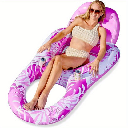 Recliner Pool Float Lounger for Adults – Inflatable Zero-Gravity Floating Chair with Cup Holders, Mesh Seat & Foot Rest, Pink Tropical Leaf Design, Summer Pool Party Water Toy