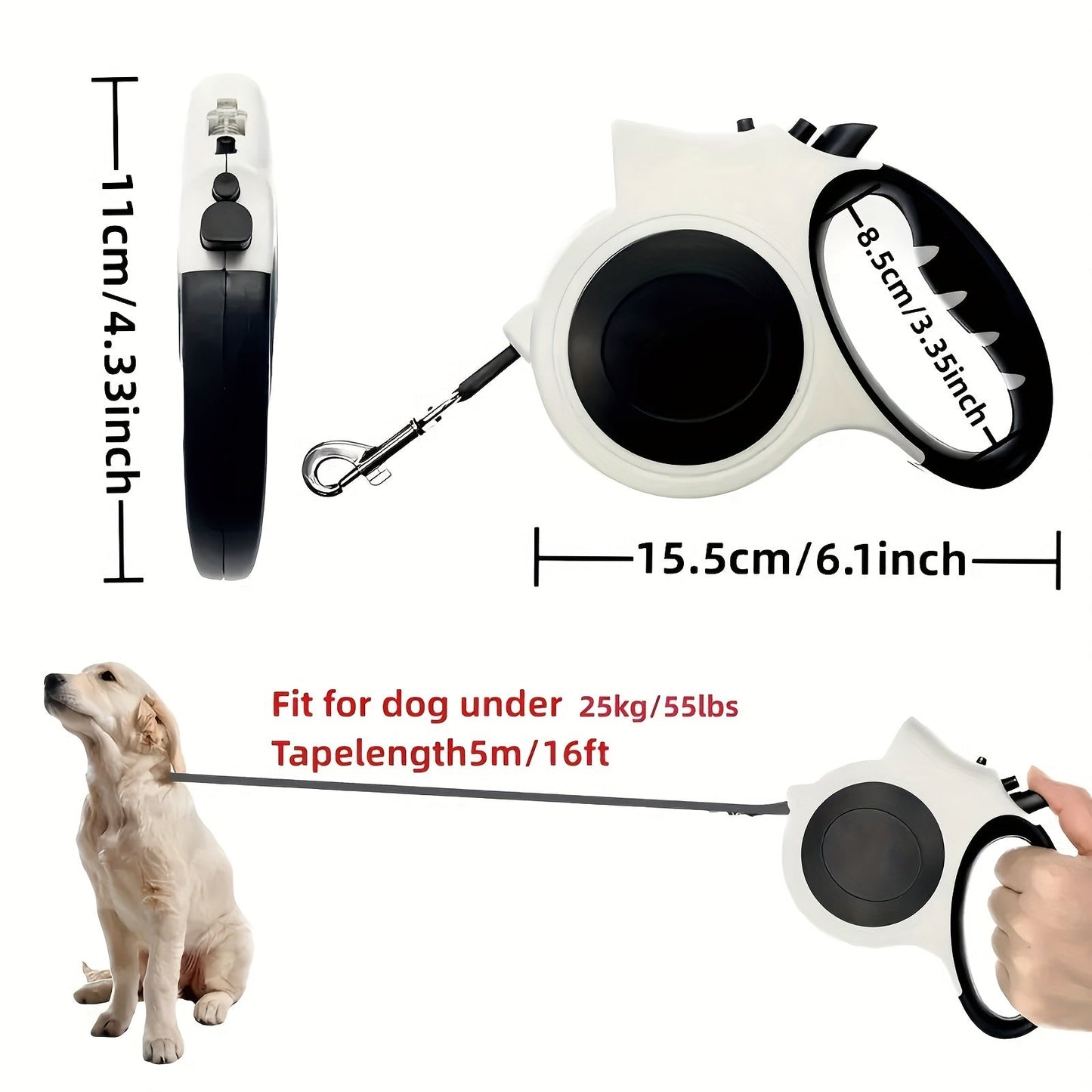LED Retractable Dog Leash 16 Feet with Built-In Lights for Night Walks - Adjustable Durable PVC Traction Line for Small & Medium Dogs, Available with or without Light in Black Pink Red
