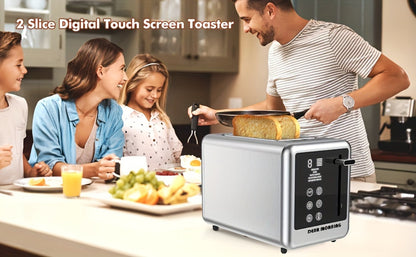 Stainless Steel Toaster 2-Slice Smart Touch Screen – 5 Bread Selections, 7 Shade Settings, Bagel/Defrost/Cancel/Reheat, 1.5" Wide Slot, Removable Crumb Tray