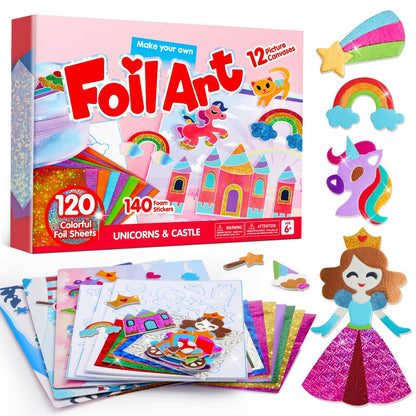 Foil Art Kit for Girls 10 Canvases 120 Colorful Foil Sheets 140+ Foam Stickers – Mess-Free Glue-Free Unicorn Princess Fairy Craft, Birthday Gift for Kids Ages 4 5 6 7 8