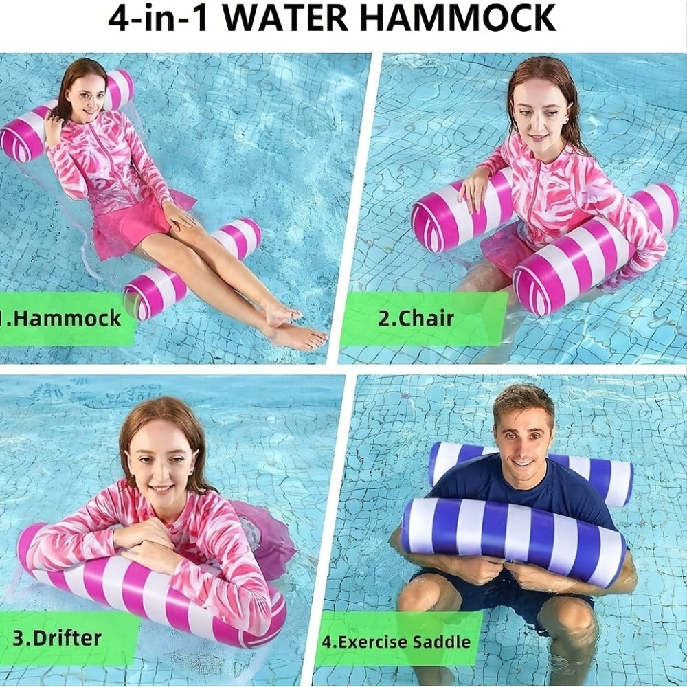 4-in-1 Inflatable Pool Float Hammock 2-Pack for Adults – Floating Bed, Lounge Chair, Drifter & Saddle, Striped Water Hammock for Swimming Pool Lake Beach River, Blue Dark Blue Rose Red