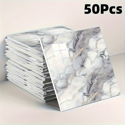 Peel and Stick Wall Tile Stickers Marble Pattern Self-Adhesive Waterproof Glossy Wallpaper 50/100Pcs for Kitchen Bathroom Living Room Home Decor