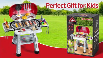 Kids BBQ Grill Playset Two-Tier with Toy Food Meats Fruits Spices & Working Water Tap – Pretend Play Outdoor Cooking Toy for Girls Boys Ages 3+ | Best Birthday Christmas Gift